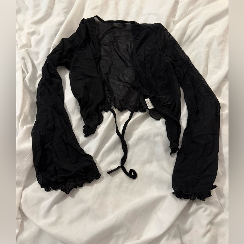 SHEIN sheer cropped shrug with tie front and flutter sleeves